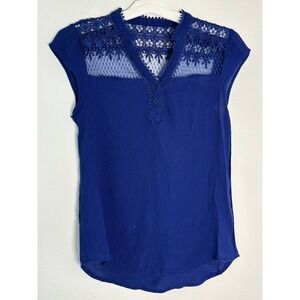 Miss Daisy Royal Blue Lace Mesh Yoke Cap Sleeve Blouse Top Large Boho Crochet